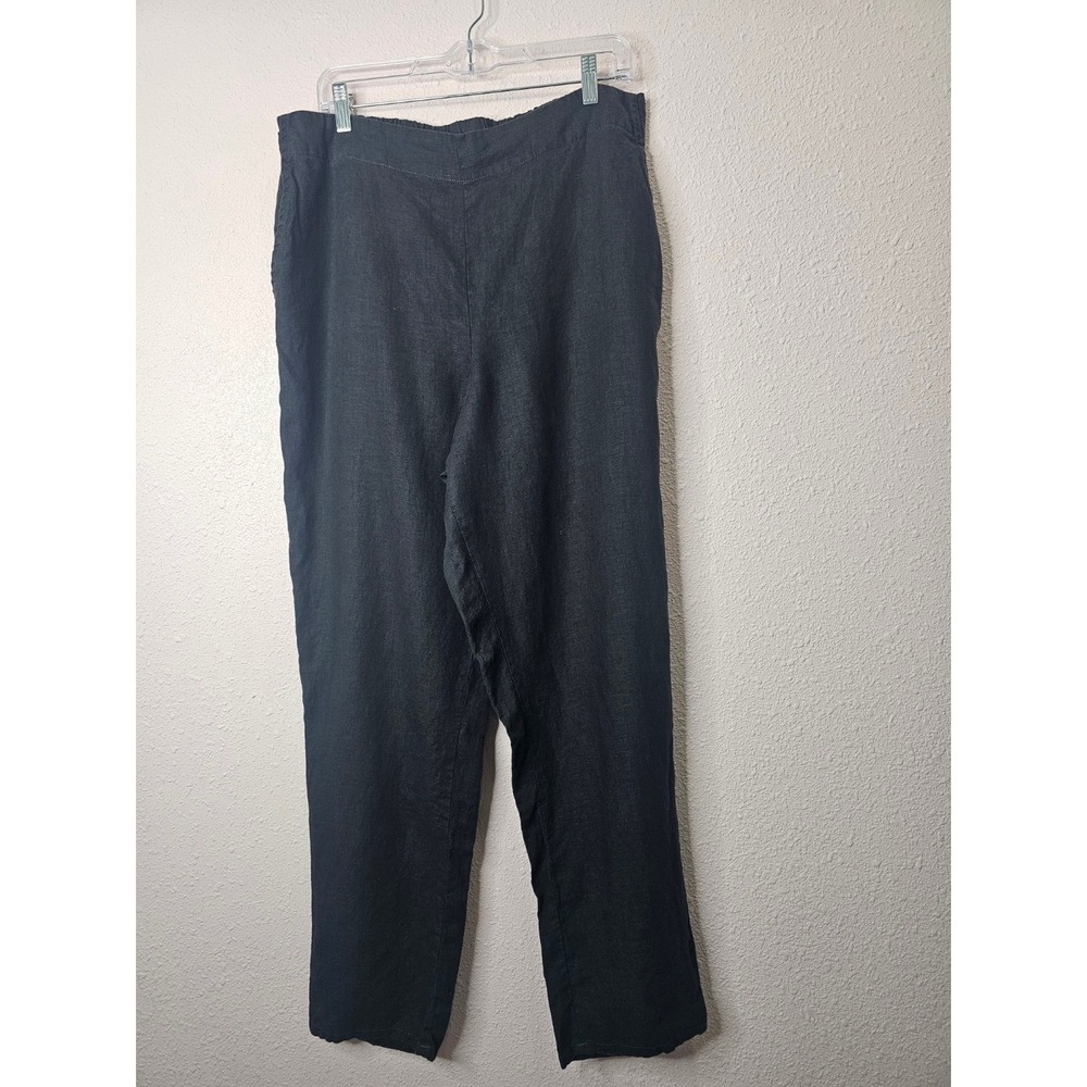FLAX Womens Black 100% Linen Straight Leg Elastic Back Pants Size M